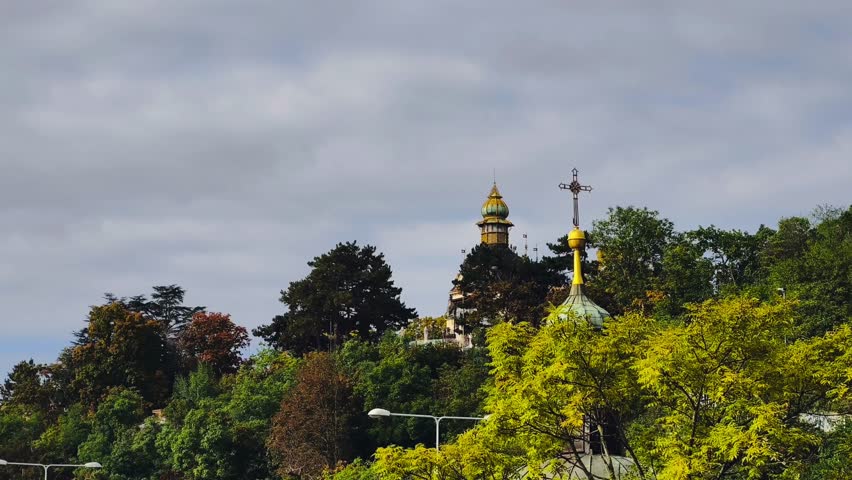 Prague Castle St Vitus Cathedral Autumn Cityscape Green Copper Domes Historic Architecture Czech Landmark Panoramic 4K Video Footage