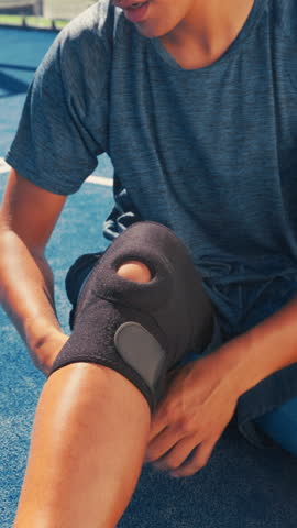 Sports, knee brace and person with injury outdoor at tennis court with pain, exercise or workout. Accident, hurt athlete and ache or wrap for leg muscle, training mistake and strain on turf ground