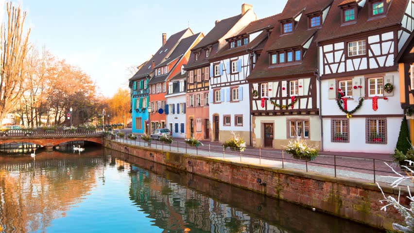 Medieval houses and canal in Colmar, France. Horizontal shot