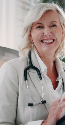 Medical, face and mature woman in hospital with stylus, happiness or career pride in healthcare. About us, tech or doctor in clinic with stethoscope, general practitioner or confidence in profession.