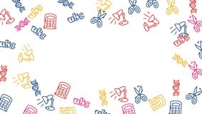 Colorful school doodle pattern with calculators, scissors, and DNA symbols on white background with copy space. Perfect for educational videos, kids projects, and learning designs. - Powered by Shutterstock - Get 15% off with code: PIKWIZARD15