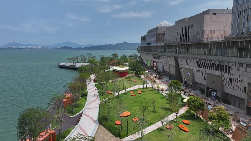 Shenzhen Shekou Culture and Arts Mall Center aerial drone view showcasing modern architecture skyline waterfront park and urban landscape in the greater bay area