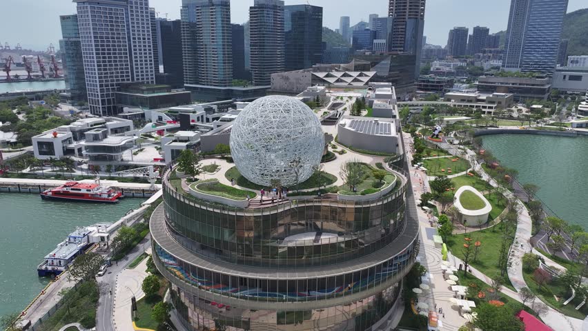 Shenzhen Shekou Culture and Arts Mall Center aerial drone view showcasing modern architecture skyline waterfront park and urban landscape in the greater bay area