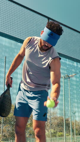 Padel, court and man serve for sports, training and practice match for exercise. Tennis player, game and person bounce ball with racket for competition, tournament challenge and fitness outdoor