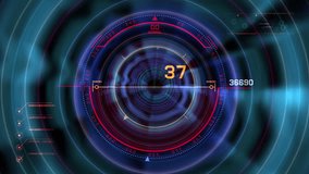 Futuristic HUD Radar Display Circular Neon Digital Target, Tunnel Travel. A high tech sci fi HUD radar interface featuring circular neon rings, blue and red highlights, and digital targeting visuals - Powered by Shutterstock - Get 15% off with code: PIKWIZARD15