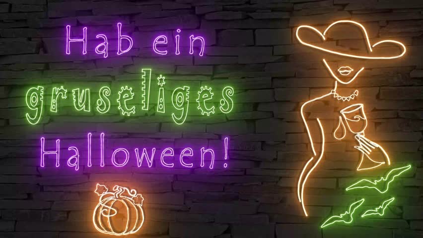 Hab ein gruseliges Halloween (German Happy Halloween) +silhouette of elegant woman with wine illuminated 3d illustration retro neon signs, so sweet and cute 10s 4k video art, cute Halloween wishes 