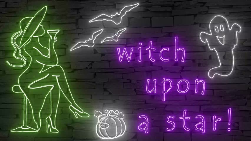 Witch upon a star + silhouette elegant woman ghost bats illuminated 3d illustration retro neon signs, so sweet and cute 10s 4k video art in green white purple, Happy Halloween, cute Halloween wishes!