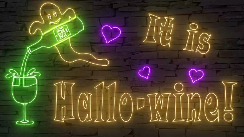 Happy Hallo-wine (wordplay) +silhouette of ghost pouring wine illuminated 3d illustration retro neon signs, so sweet and cute 10s 4k video art, cute Halloween wishes, ad for bars, nightclubs