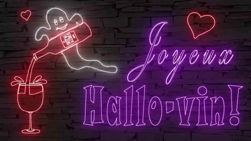 Joyeux Hallo-vin! (French Happy Halloween) +silhouette of ghost pouring wine illuminated 3d illustration retro neon signs, so sweet and cute 10s 4k video art, cute Halloween wishes, ad for bars