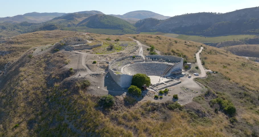 Aerial view of the Segesta Theater. These are the ruins of a Greek theatre located in the archaeological area of ​​Calatafimi-Segesta, in the province of Trapani, Sicily, Italy.
