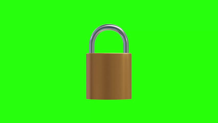 3D Brass Padlock Security object Loop rotating animation on the green screen, 4k render Stainless Steel Padlock spinning on the chroma key, for security concepts, data protection, privacy, encryption