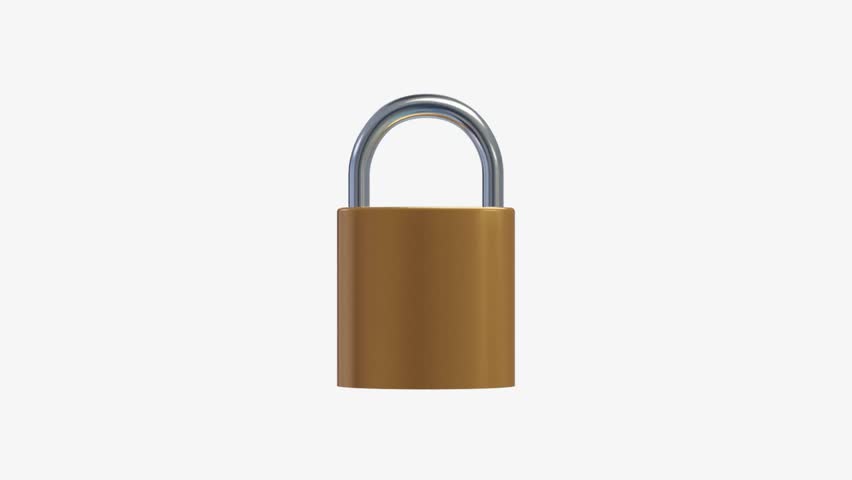 3D Brass Padlock Security object Loop rotating animation on the white screen, 4k render Stainless Steel Padlock spinning, for security concepts, data protection, privacy, encryption