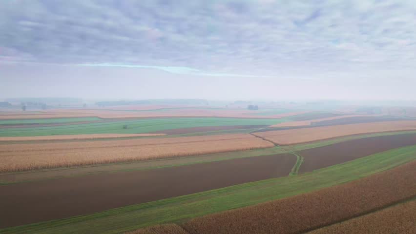 Aerial view of golden cornfields and surrounding farmland during autumn, showcasing rural landscape patterns, harvest season textures, and countryside scenery from above.
