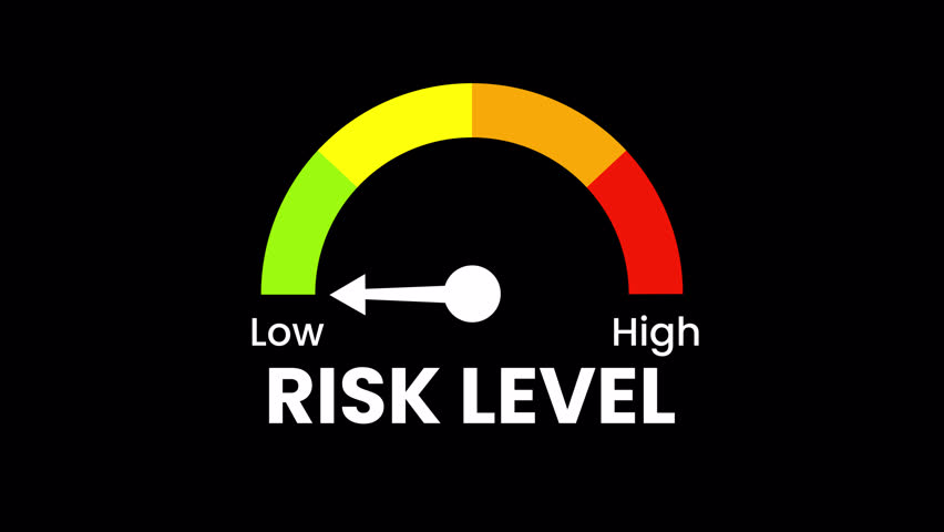 Risk Level Gauge Animation – Low to High Scale Indicator. Animated risk level gauge moving from low to high. Perfect for business, finance, or data analysis presentations. Transparent background.