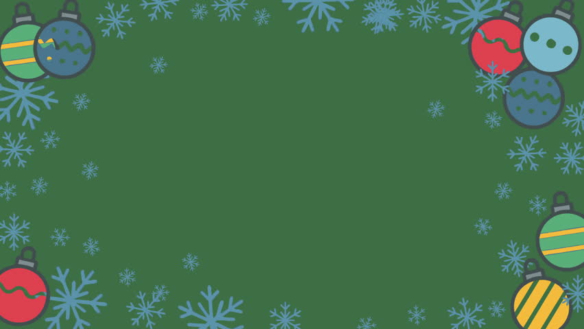 Colorful Christmas ornaments and snowflakes on a green background create a festive holiday scene perfect for seasonal videos and decorations.