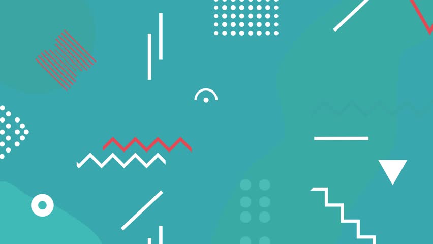 A seamless loop animation featuring colorful abstract geometric shapes and patterns on a teal background. This retro 80s Memphis style motion graphic is perfect for modern projects.