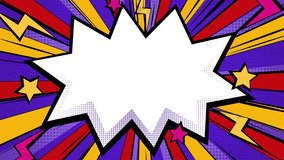 A vibrant comic book style background featuring a starburst pattern in purple, red, and yellow, with lightning bolts and stars. A large, empty white speech bubble is centered, ready for text. - Powered by Shutterstock - Get 15% off with code: PIKWIZARD15