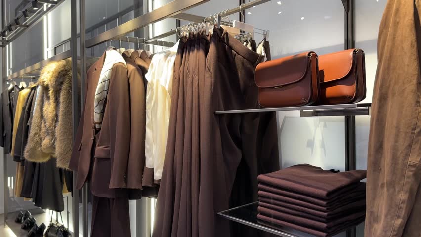 Interior of a women's clothing store with hangers. Various women's clothing in brown shades