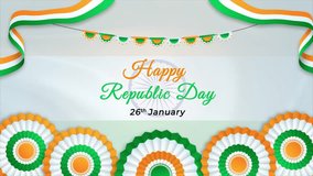 Animated 'Happy Republic Day' text greeting with Indian flag colors. This 4k motion graphic features tricolor ribbons, bunting, and rosettes on a festive background. 26th January celebration. - Powered by Shutterstock - Get 15% off with code: PIKWIZARD15