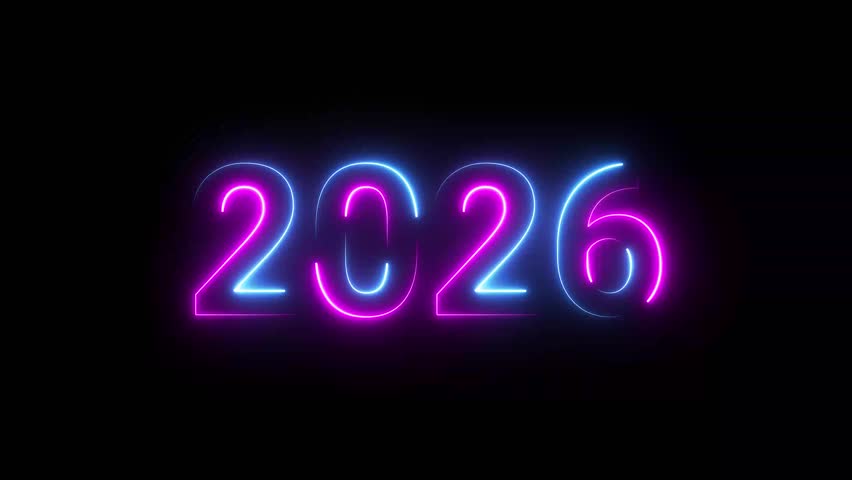 2026 Happy new year 2026 neon animated background greetings happy new year welcome 2026 fireworks neon blue purple text 4k looping