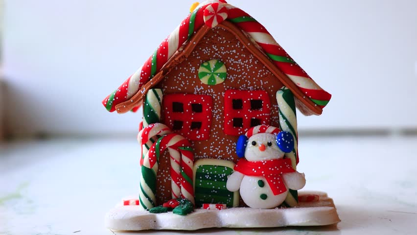 A festive holiday scene featuring a gingerbread house, snowman, and candy canes.
