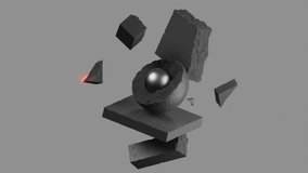 Red neon laser scanning a geometric composition of black stone blocks and metallic ball. Futuristic 3D render motion with glowing light effect and dark minimalistic aesthetic. - Powered by Shutterstock - Get 15% off with code: PIKWIZARD15