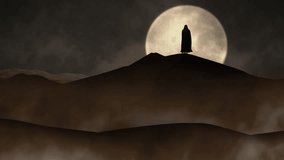 Hooded Figure Desert Moon Sandstorm 4K Loop features the silhouette of a person in a hooded cloak standing on a sand dune with a full moon in the background and cape moving in the wind in a loop. - Powered by Shutterstock - Get 15% off with code: PIKWIZARD15