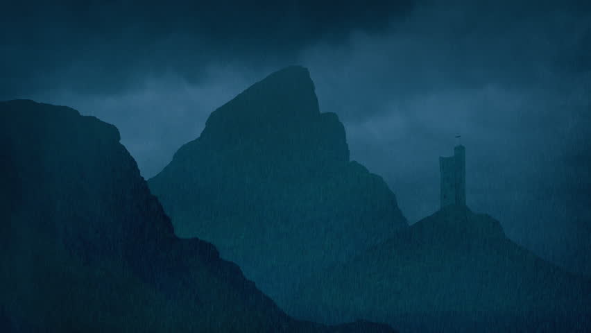 Raining On Castle In The Mountains Medieval Landscape
