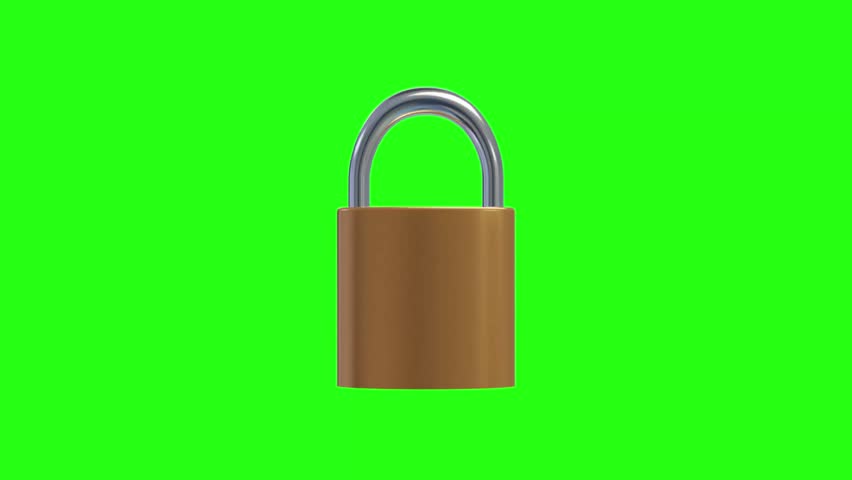 3D Brass Padlock Security open and close Loop animation on green screen, 4k Stainless Steel Padlock lock and unlock render on chroma key, for security concepts, data protection, privacy, encryption