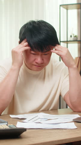Asian man sitting at home table stares at due bills, calculator and laptop nearby, head resting in palms. Chinese guy looks worried, trying to find way to cover costs before tight payment deadline.
