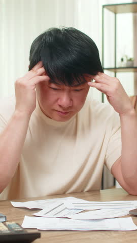 Asian man sitting at home table stares at due bills, calculator and laptop nearby, head resting in palms. Chinese guy looks worried, trying to find way to cover costs before tight payment deadline.