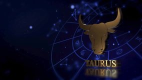Taurus zodiac sign comes to life through elegant animation against a cosmic background. Golden bull symbol shines as constellations drift, creating a mesmerizing atmosphere. - Powered by Shutterstock - Get 15% off with code: PIKWIZARD15