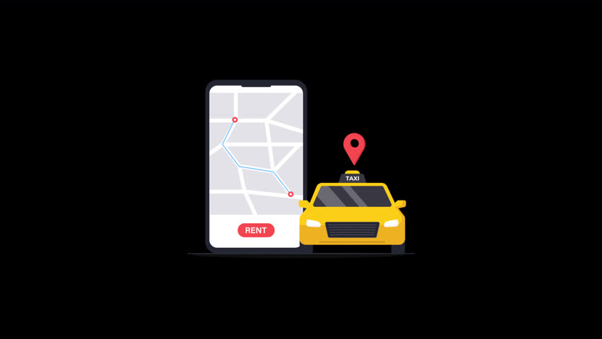 Animated Phone with Navigation Map, Taxi Car. Rent a Taxi Concept Video - Transparent