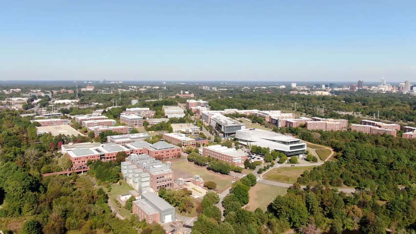 Drone Aerial View of NC State Centennial Campus Featuring Hunt Library and Monteith Engineering Research Center in Raleigh, North Carolina