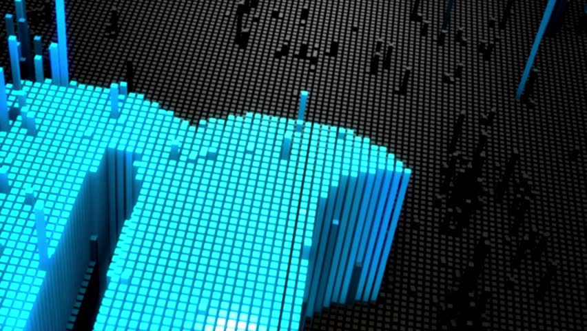 Futuristic 3D animation showcasing blue data spikes rising and falling rhythmically on a dark grid background. Perfect representation of data analysis and technological advancement.