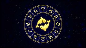 This captivating animation showcases a zodiac wheel with Pisces symbol prominently displayed, surrounded by astrological signs against a mesmerizing starry sky. Perfect for astrology enthusiasts. - Powered by Shutterstock - Get 15% off with code: PIKWIZARD15