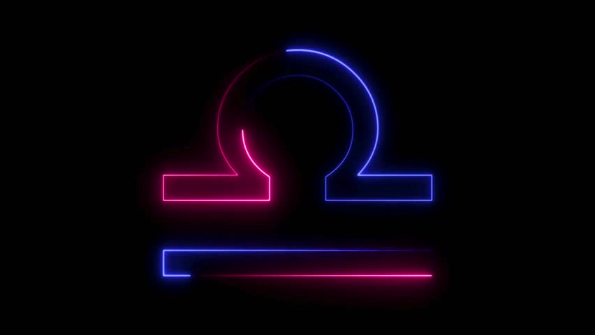 Dynamic Libra zodiac symbol floats against dark background. Neon blue and pink lines pulse gently, showcasing modern animation style. Ideal for astrology and zodiac-related content.