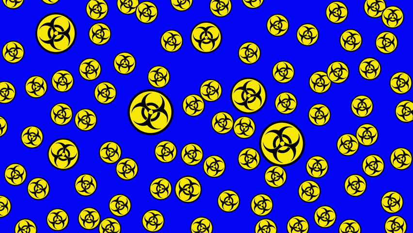 Seamless pattern of yellow biohazard symbols on a vivid blue background. This abstract design represents danger, contamination, toxic materials, or biological hazard warning. Ideal for science - Powered by Shutterstock - Get 15% off with code: PIKWIZARD15