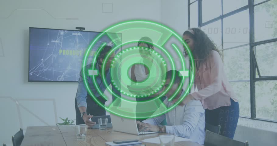 Team scrolling slides to animate product launch deck and inspecting device for approval. Collaboration, innovation, teamwork, modern office, professional, technology, brainstorming