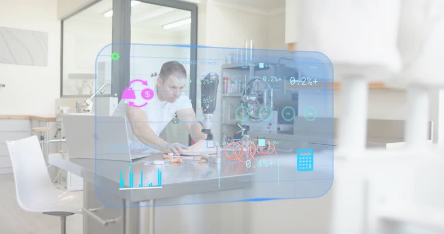 Male engineer entering workbench and activating analytics display, validating component performance. Technology, innovation, engineering, prototyping, data analysis, industrial, precision