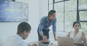 Presenter speaking materializing holographic cube for launch while team tapping data charts. Professional, collaboration, innovation, technology, brainstorming, digital, strategic - Powered by Shutterstock - Get 15% off with code: PIKWIZARD15