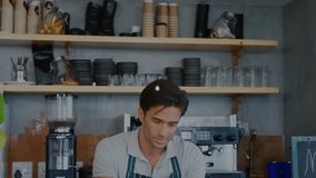 Barista powering up tablet and launching animated user-service icons linking to coffee shop network. Technology, connectivity, digital, innovation, networking, modern, communication - Powered by Shutterstock - Get 15% off with code: PIKWIZARD15