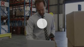 Supervisor scanning barcode entering data, expanding wi-fi icons across warehouse inventory system. Industrial, logistics, technology, connectivity, automation, enterprise, digital - Powered by Shutterstock - Get 15% off with code: PIKWIZARD15