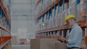 Warehouse manager tapping tablet while logging inventory, generating network overlay on shelves. Logistics, supply chain, digital transformation, connectivity, industrial, organizational, data - Powered by Shutterstock - Get 15% off with code: PIKWIZARD15