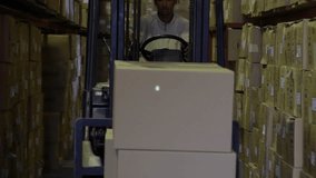 Forklift operator driving boxes down aisle animating cart and lock network showing secure logistics. Logistics, supplychain, automation, warehouse, security, technology, distribution - Powered by Shutterstock - Get 15% off with code: PIKWIZARD15