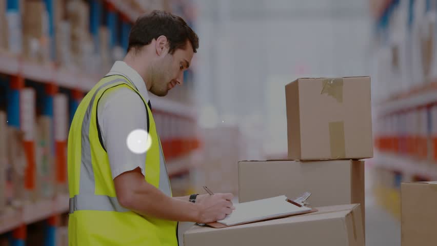 Warehouse worker reviewing orders on clipboard and spawning icons mapping inventory across racks. Logistics, supply chain, digital transformation, inventory, industrial, data network, operational - Powered by Shutterstock - Get 15% off with code: PIKWIZARD15