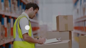 Warehouse worker reviewing orders on clipboard and spawning icons mapping inventory across racks. Logistics, supply chain, digital transformation, inventory, industrial, data network, operational - Powered by Shutterstock - Get 15% off with code: PIKWIZARD15