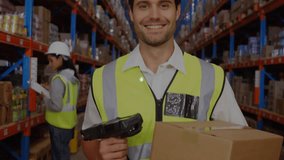 Worker aiming handheld barcode scanner at box in aisle generating animated supply chain overlay. Distribution, logistics, automation, digital, industrial, teamwork, inventory - Powered by Shutterstock - Get 15% off with code: PIKWIZARD15