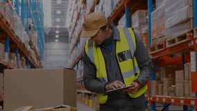 Warehouse worker walking aisle, tapping tablet calling icons verifying box and capturing stock data. Industrial, logistics, automation, inventory, technology, efficiency, management - Powered by Shutterstock - Get 15% off with code: PIKWIZARD15
