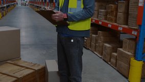 Logistics worker reaching clipboard checking stock count network graphic expanding around racks. Supply chain, automation, connectivity, inventory, industry, warehousing, data visualization - Powered by Shutterstock - Get 15% off with code: PIKWIZARD15